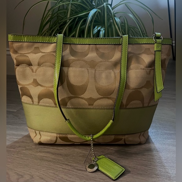 Coach Signature Khaki Lime Stripe Tote Bag - Picture 9 of 16